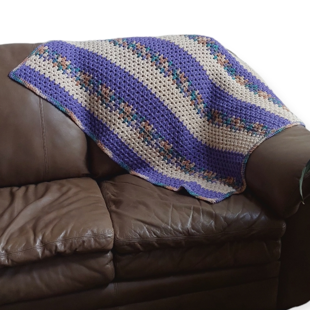 Afghan Crochet Lap Blanket Throw Purple Beige 36" x 44" Handmade Grandma